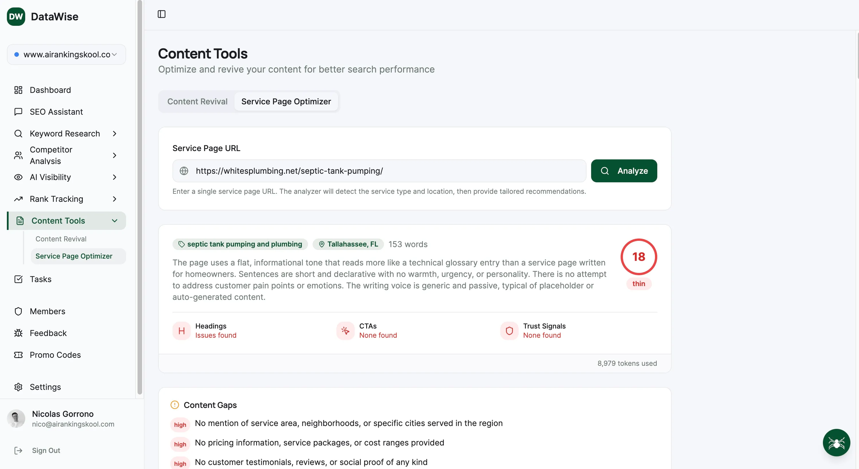 Content Tools tool interface in DataWise SEO