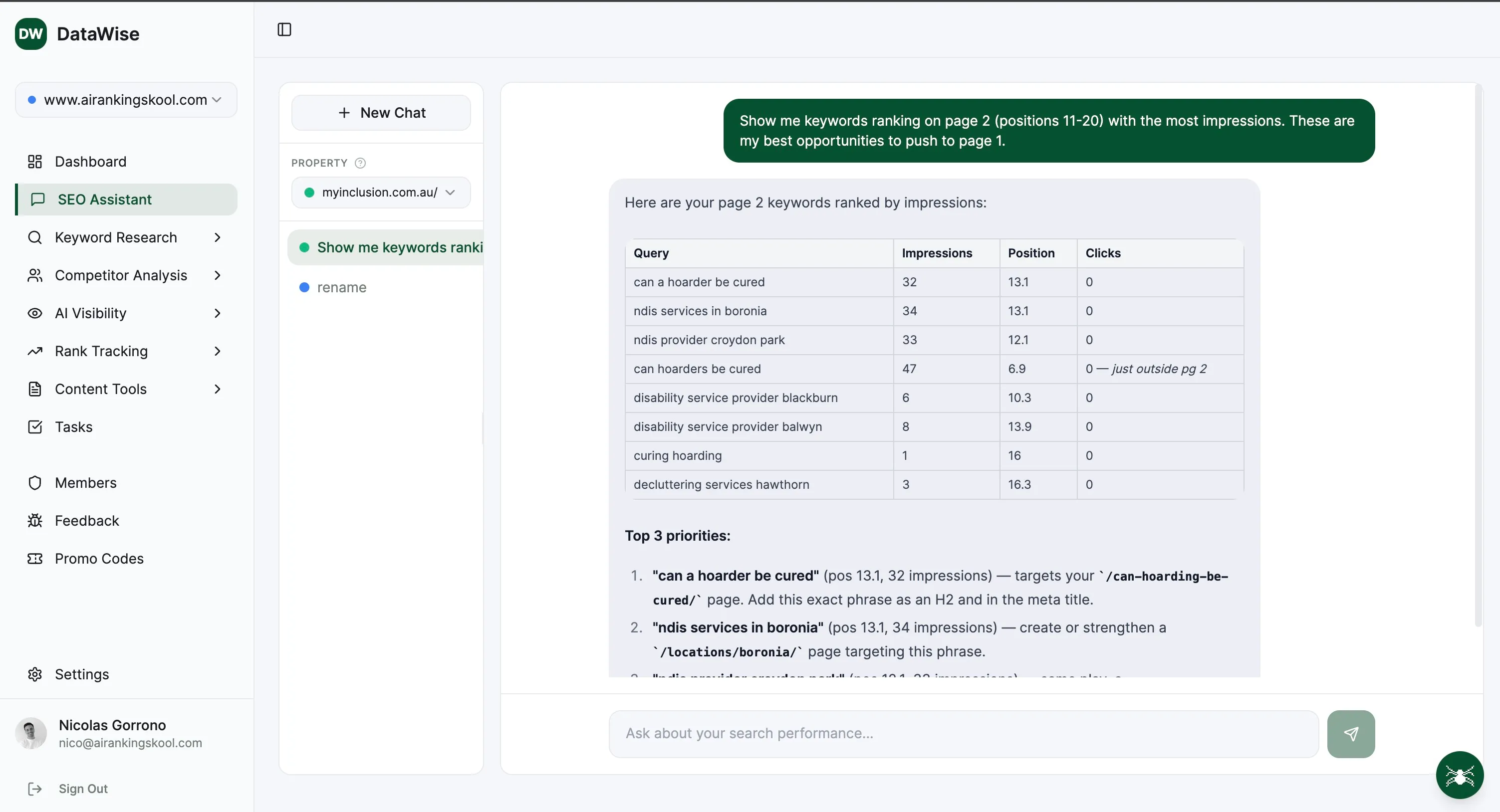 SEO Assistant interface in DataWise SEO