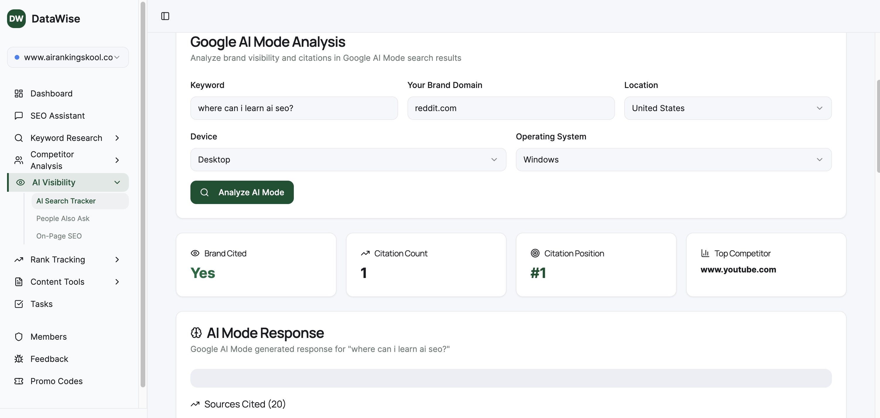AI Visibility interface in DataWise SEO