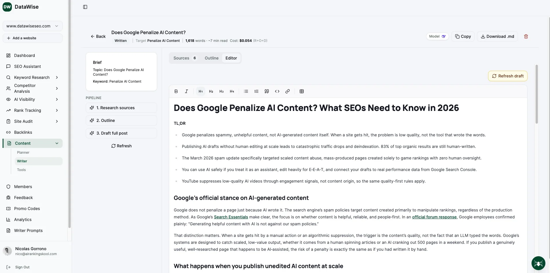 Content Writer interface in DataWise SEO