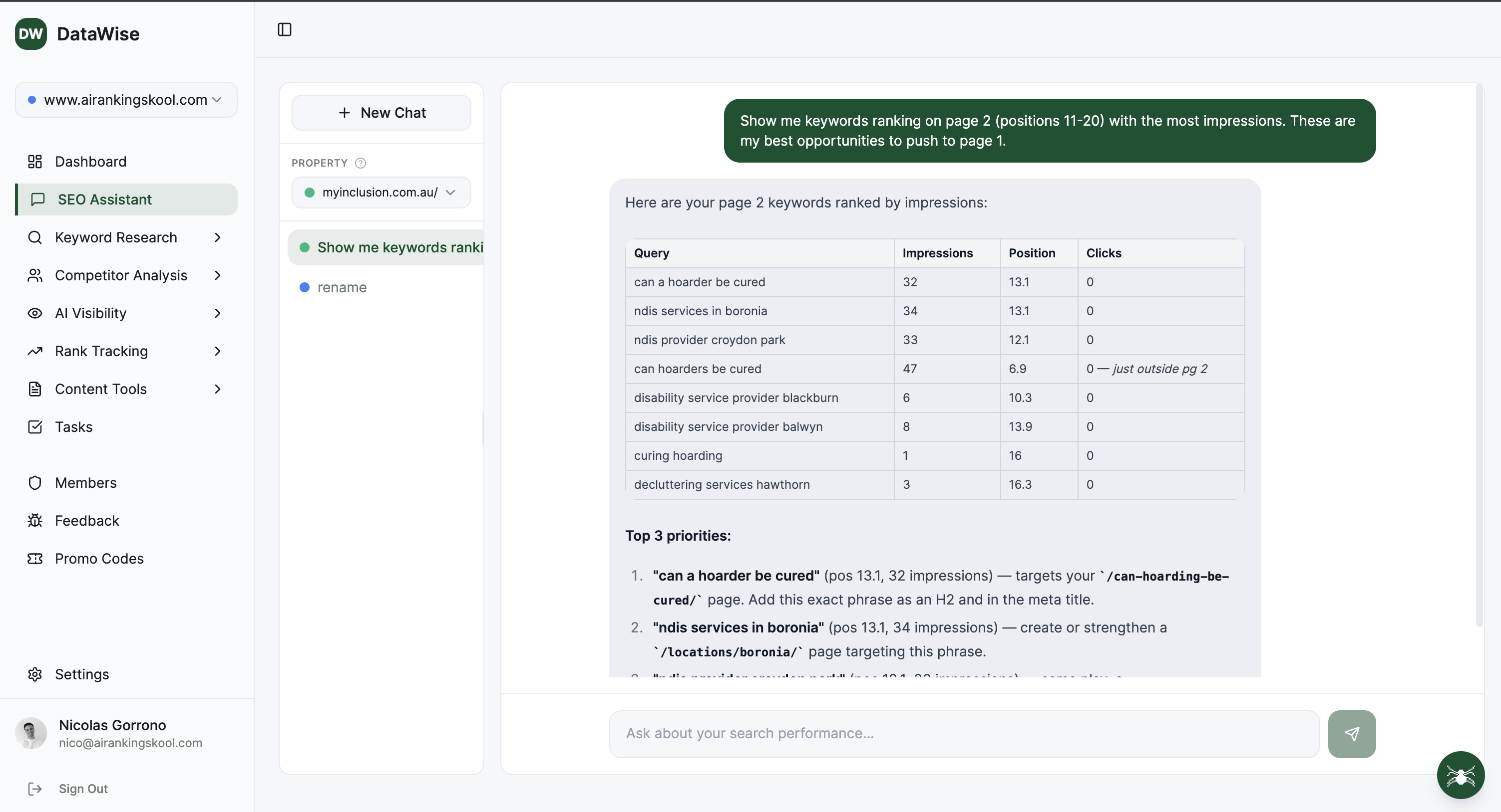 SEO Assistant interface in DataWise SEO